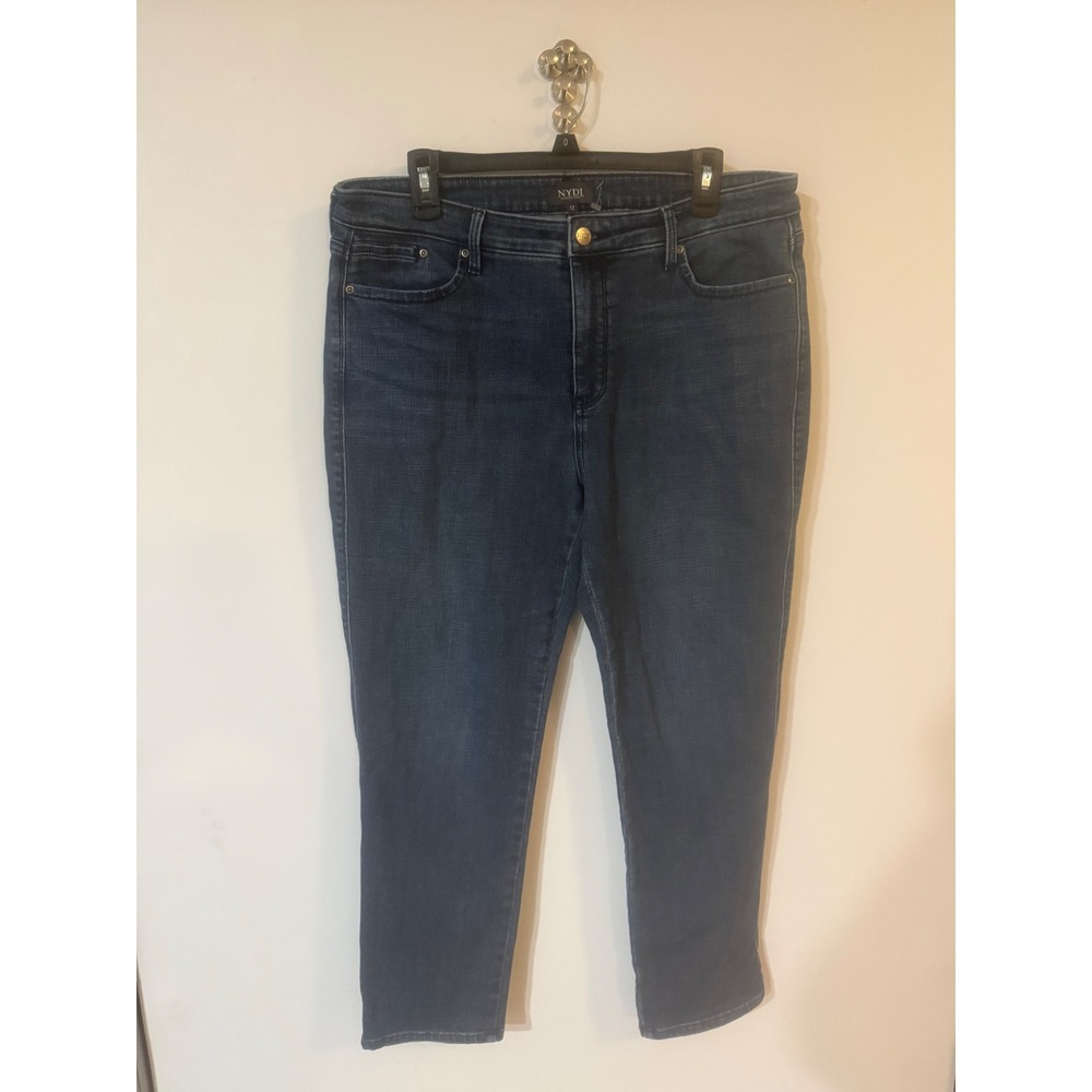 NYDJ Womens Size 12 Dark Wash Straight Leg Lift Tuck Stretch Denim Blue Jeans